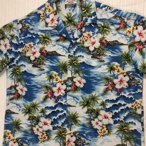 Pacific Legend Hawaiian Shirt Floral Palm Tree Ocean Print Button‎ Up Size L